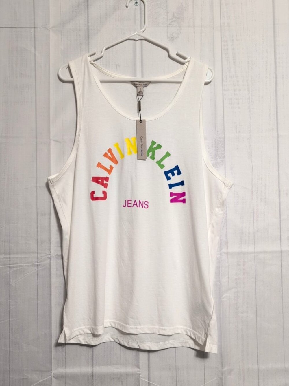 NEW Calvin Klein Men's Pride Tank Top sz L White w/ Rainbow Logo *Tiny 1mm spot